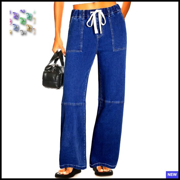 Wide Leg High Waisted Jeans Stretchy Straight Leg Drawstring Pull On Denim Pants